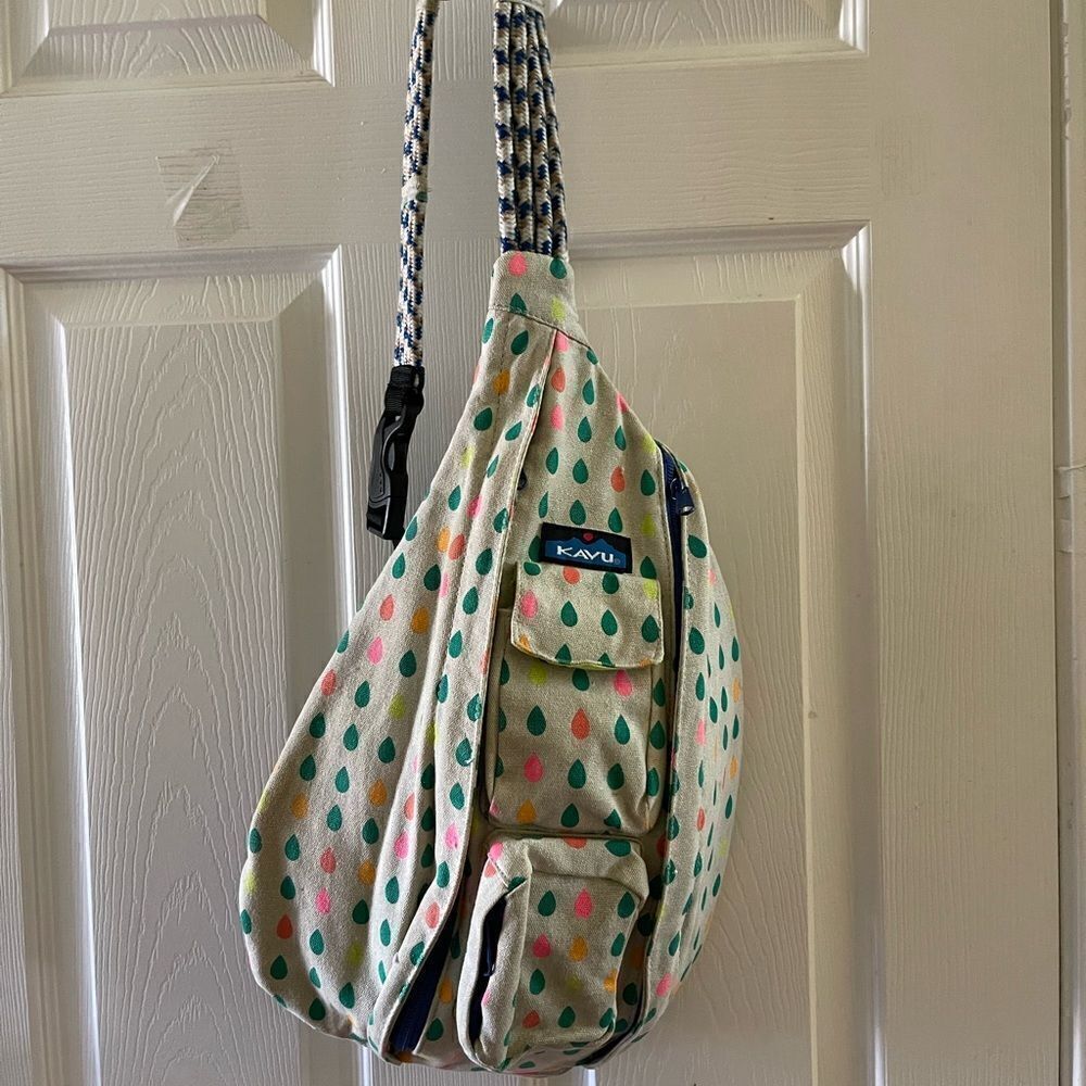 KAVU Rope Sling Backpack Canvas Beige Retro Muted Rainbow Raindrops